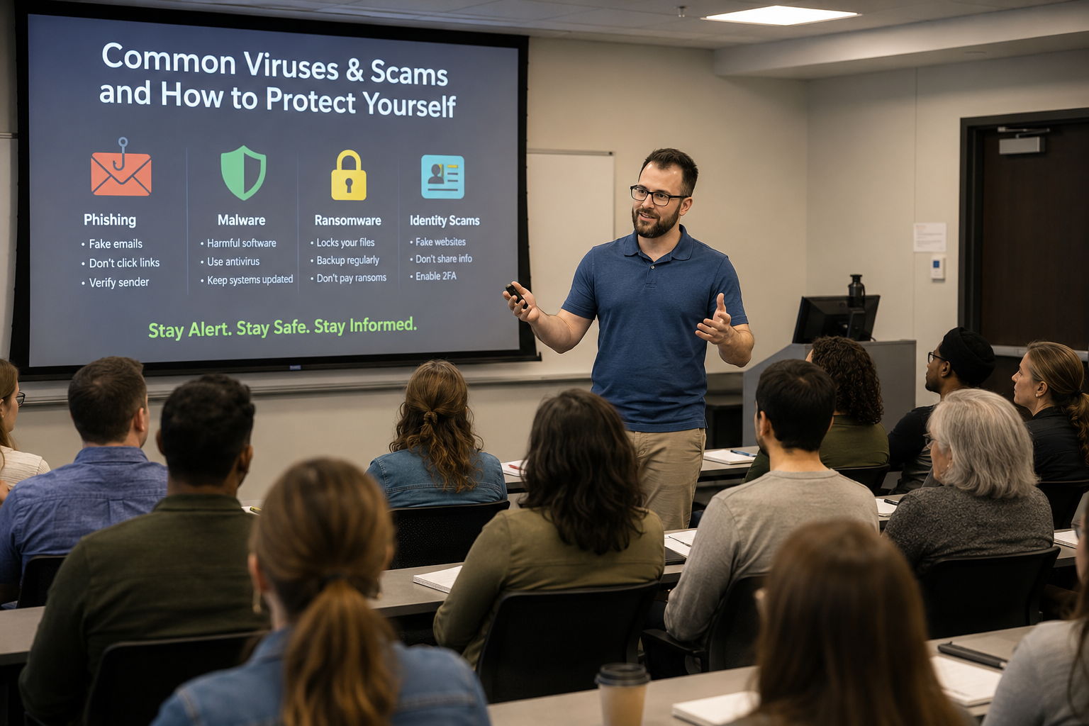 AI-generated image of a presenter giving a Common Viruses and Scams workshop to a seated audience